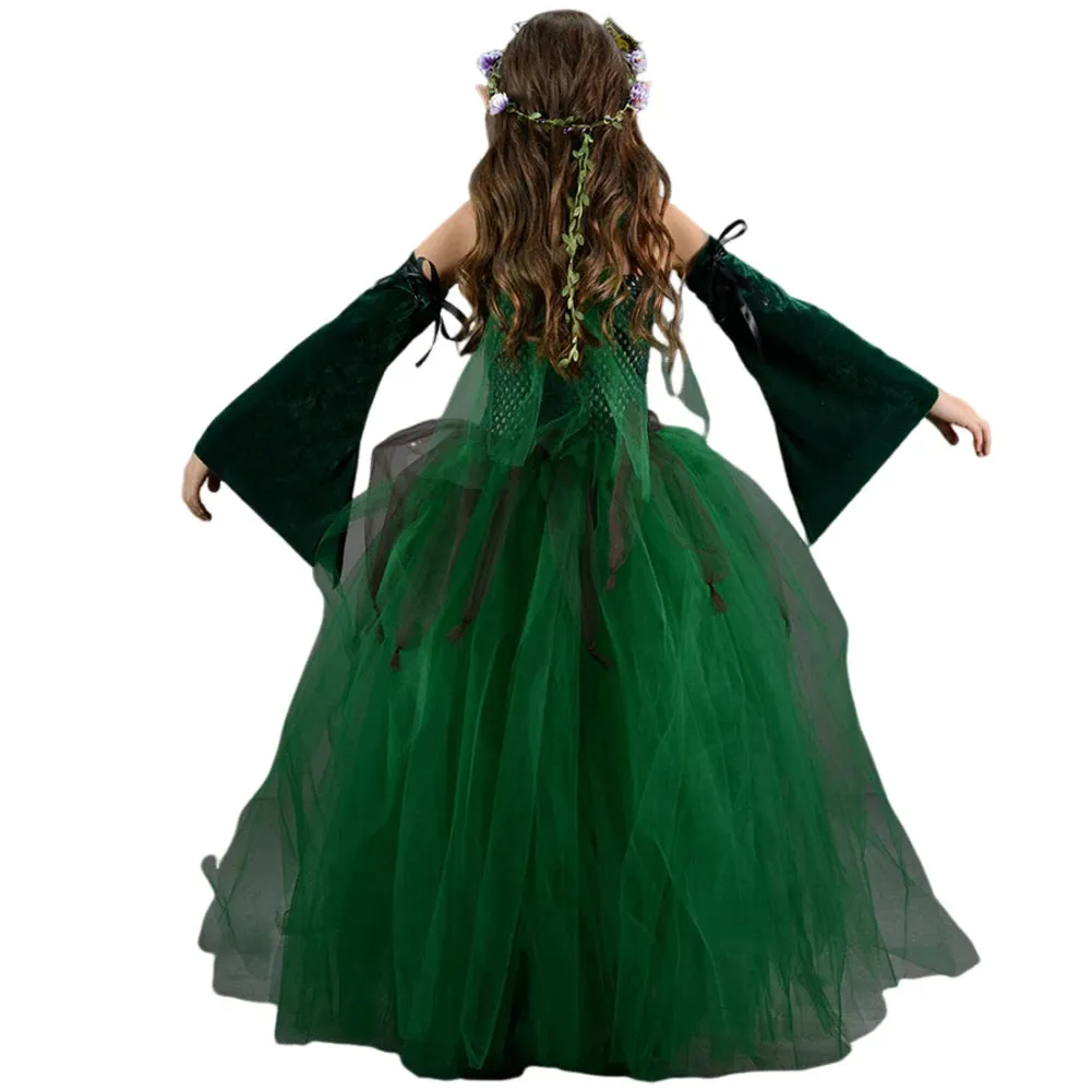 Girls Medieval Elf Cosplay Green Fairy Costume