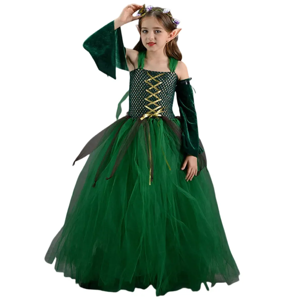 Girls Medieval Elf Cosplay Green Fairy Costume
