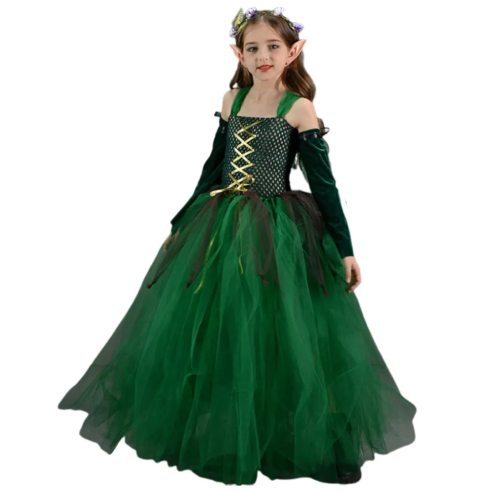 Girls Medieval Elf Cosplay Green Fairy Costume