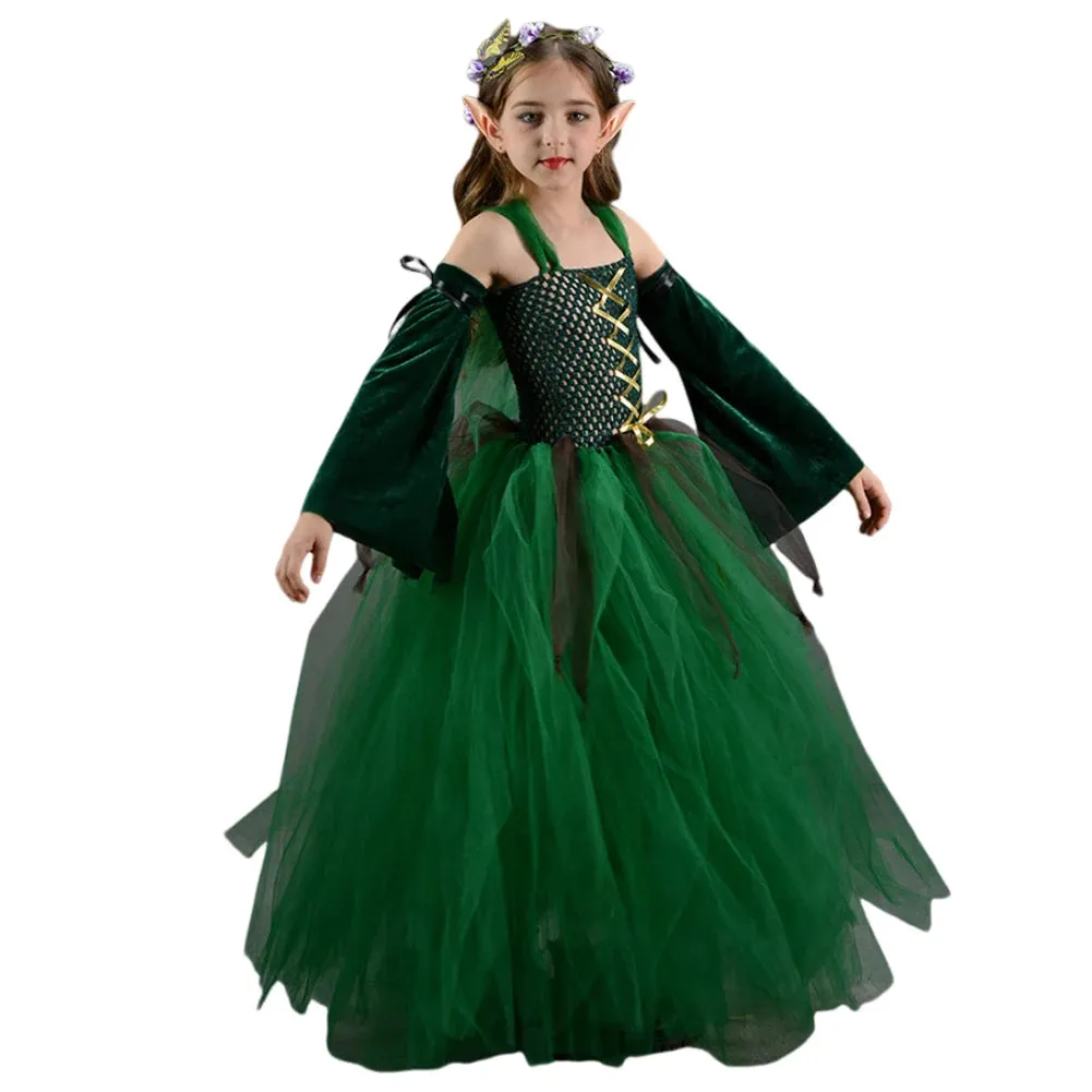 Girls Medieval Elf Cosplay Green Fairy Costume