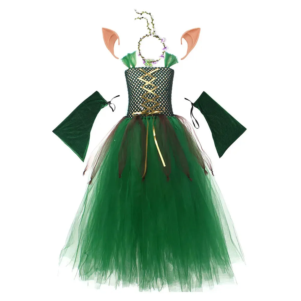 Girls Medieval Elf Cosplay Green Fairy Costume