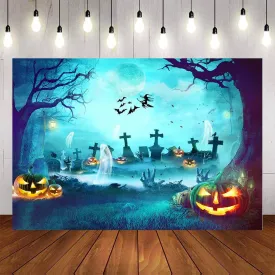 Halloween Photography Backdrop Jack O'Lantern Spooky Graveyard Halloween with Full Moon Night Background Ghost Scary Pumpkin Kids Horror Holiday Party Banner Decoration