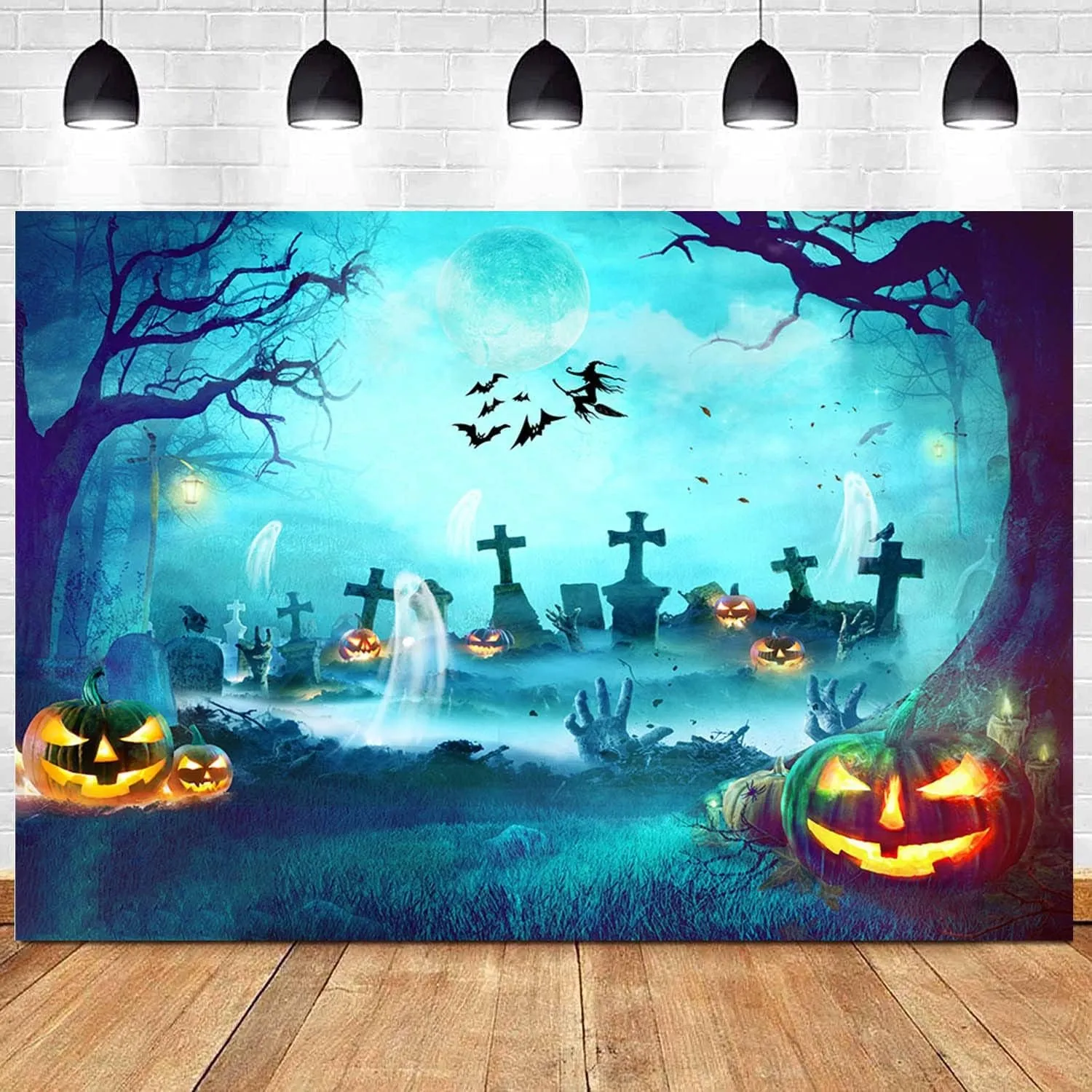 Halloween Photography Backdrop Jack O'Lantern Spooky Graveyard Halloween with Full Moon Night Background Ghost Scary Pumpkin Kids Horror Holiday Party Banner Decoration