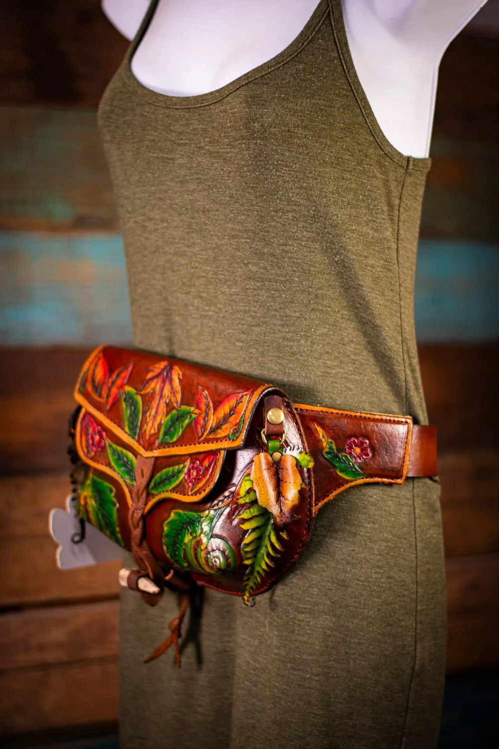 Handcrafted Leather Fanny Pack - Fern & Leaf Design for Festivals