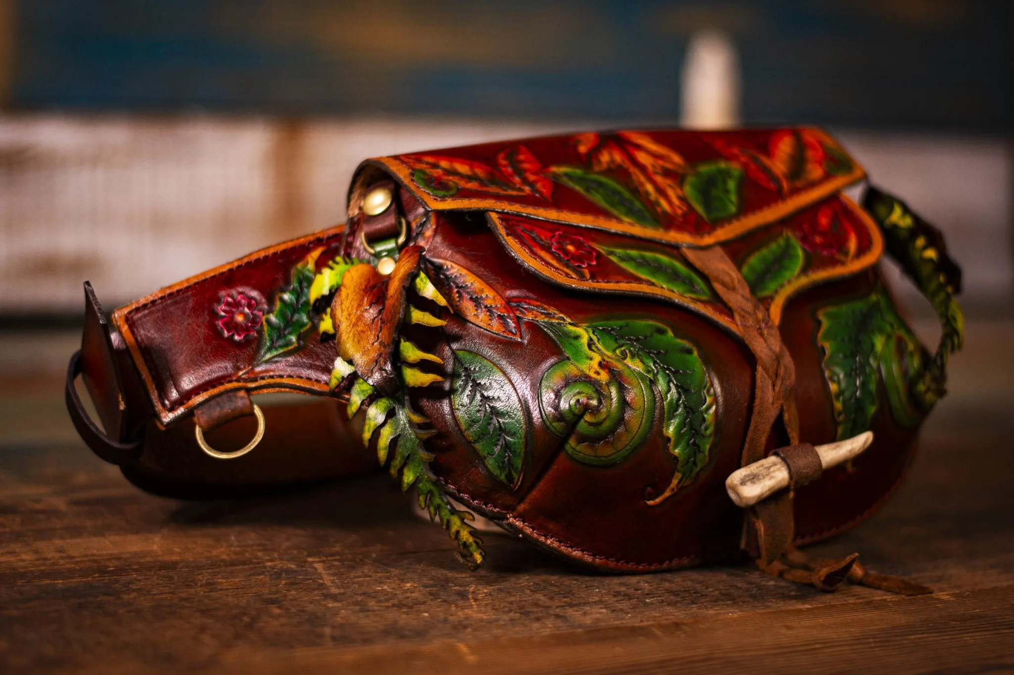 Handcrafted Leather Fanny Pack - Fern & Leaf Design for Festivals