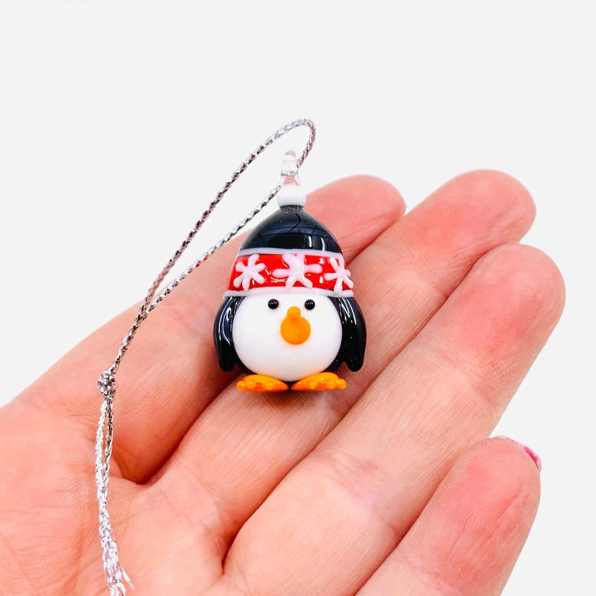 Tiny Glass Penguin Ornament, Black Hat