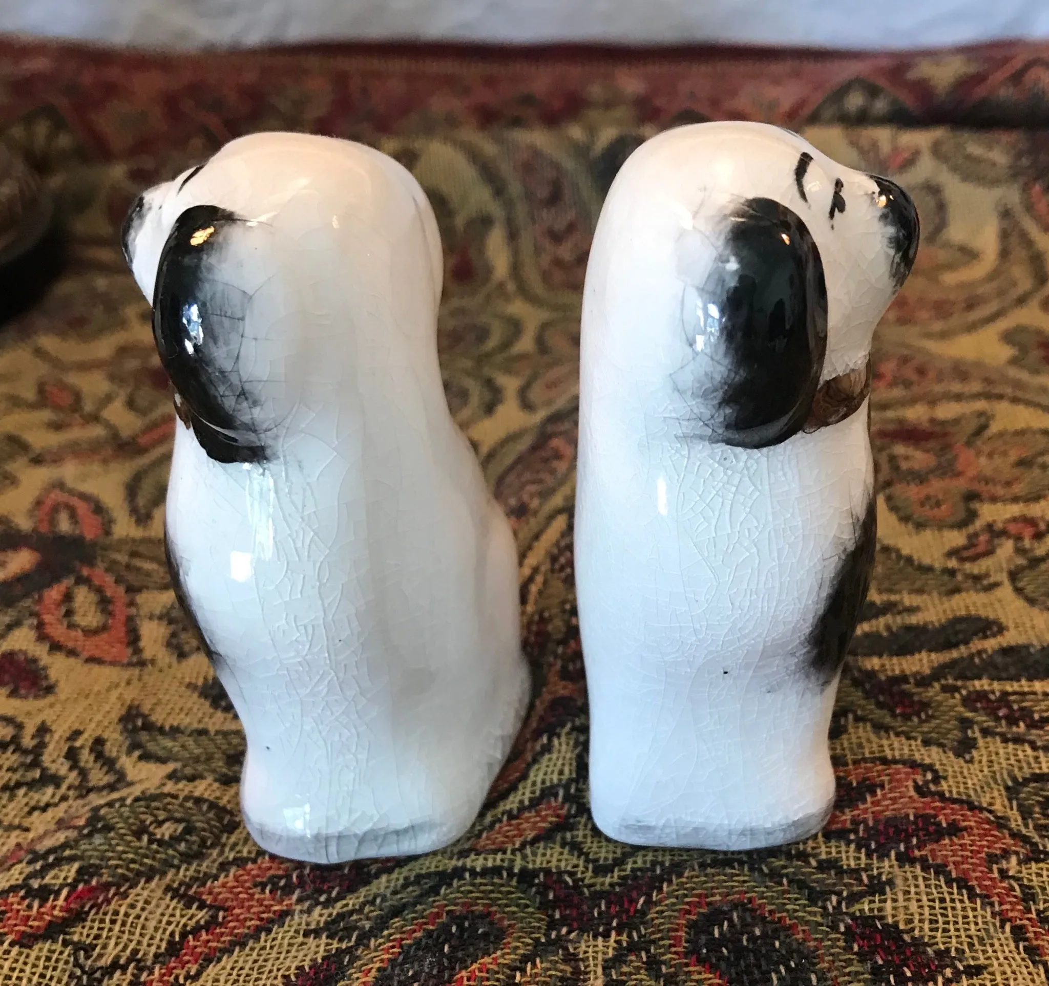 Tiny Pair Black & White Staffordshire Spaniel Wally Dog Figurines  - English Country Decor