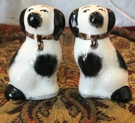 Tiny Pair Black & White Staffordshire Spaniel Wally Dog Figurines  - English Country Decor