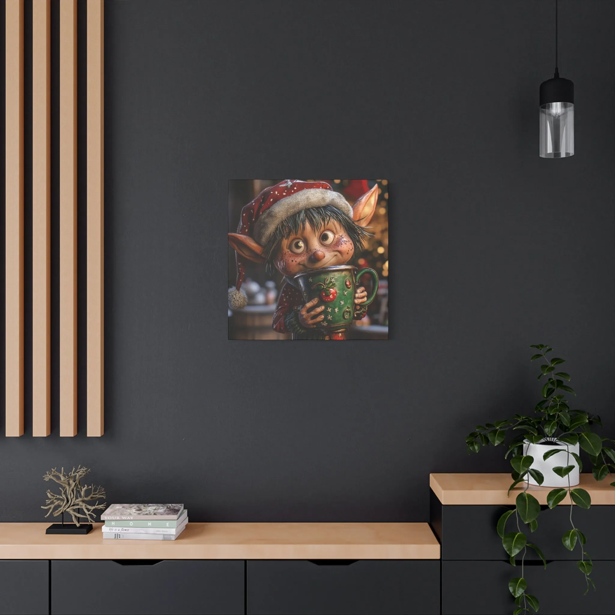 Whimsical Christmas Elf Wall Art - Cheerful Coffee-Loving Decor for the Holidays,Festive Canvas Art,Humorous Xmas Elf with Giant Coffee Mug
